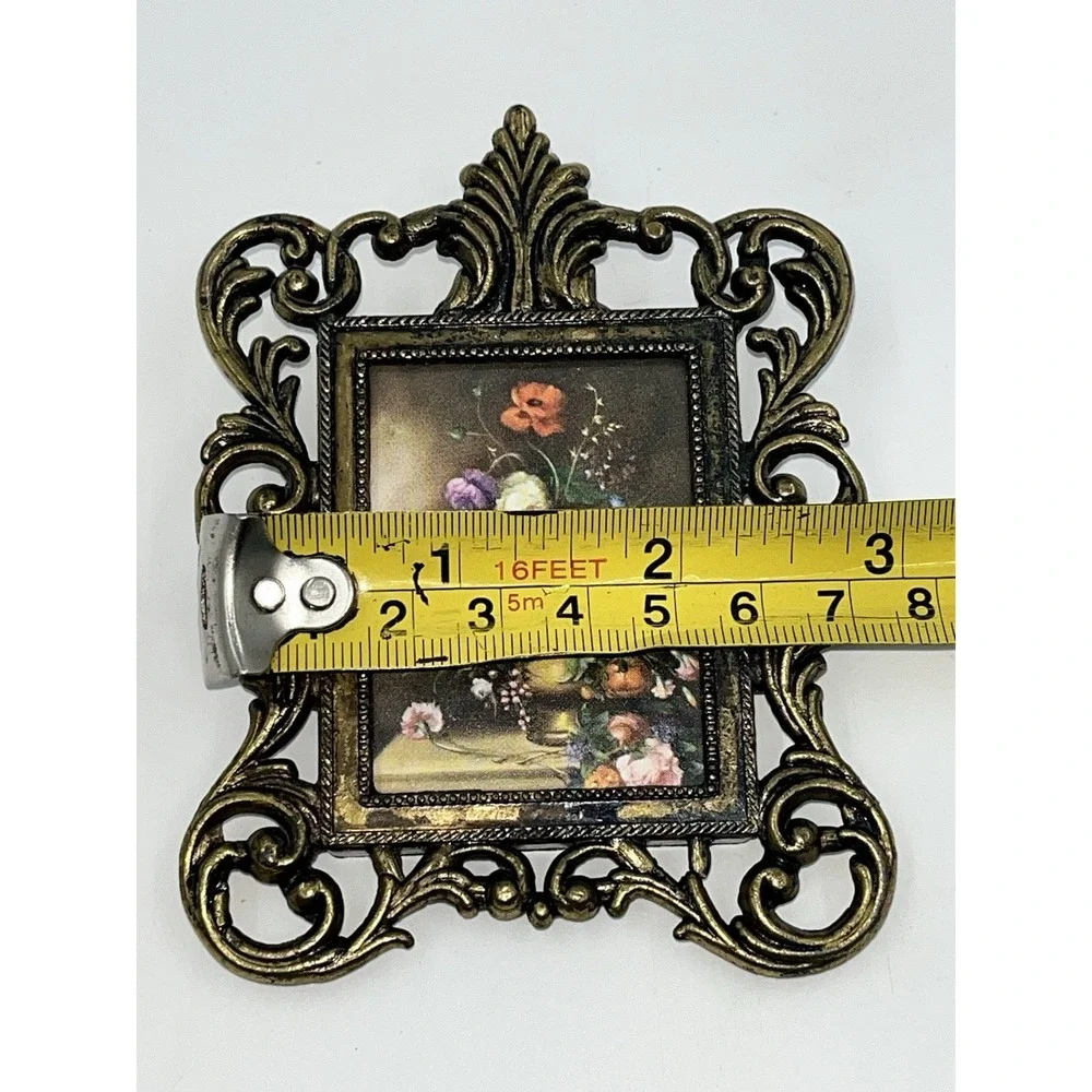 Vintage Italian Miniature Brass Frames Pair The Blue Boy And Floral 4